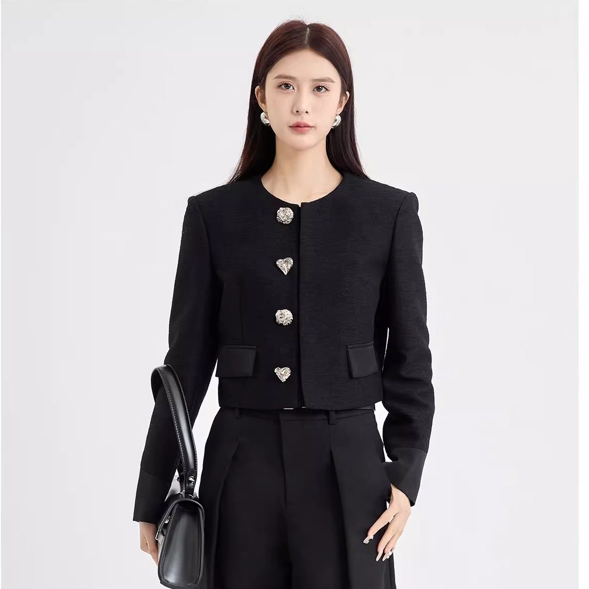 蜜澳2026春新款高级感圆领短款西装长袖外套法式气质通勤上衣女