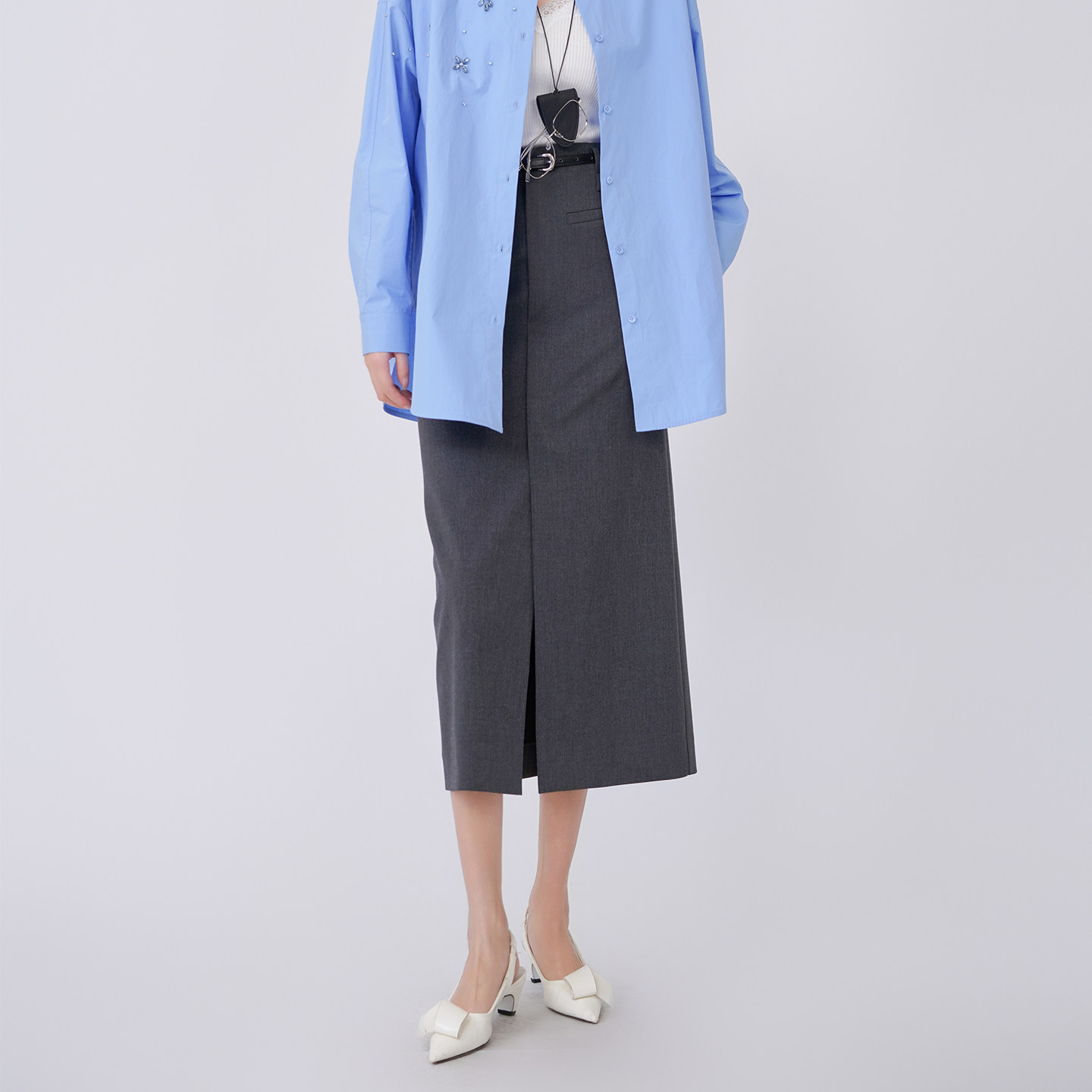 蜜澳半身裙2026春季新品半身裙女A字裙休闲中长款西装半身腰带