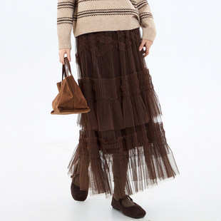 蜜澳半身裙2025年冬季 子小个子a字伞裙休闲洋气减龄网纱裙冬天