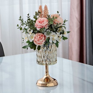 轻奢高脚加厚玻璃花瓶短枝干花仿真花插花花器餐桌客厅茶几装饰品