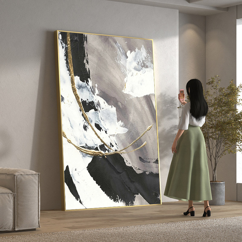 客厅沙发背景墙落地手绘油画黑白抽象大副挂画玄关入户肌理装饰画