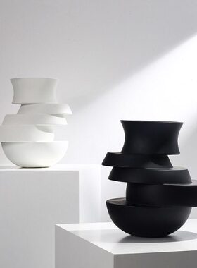 现代极简黑色白色层叠干花瓶摆件家居客厅轻奢艺术餐桌高级感装饰