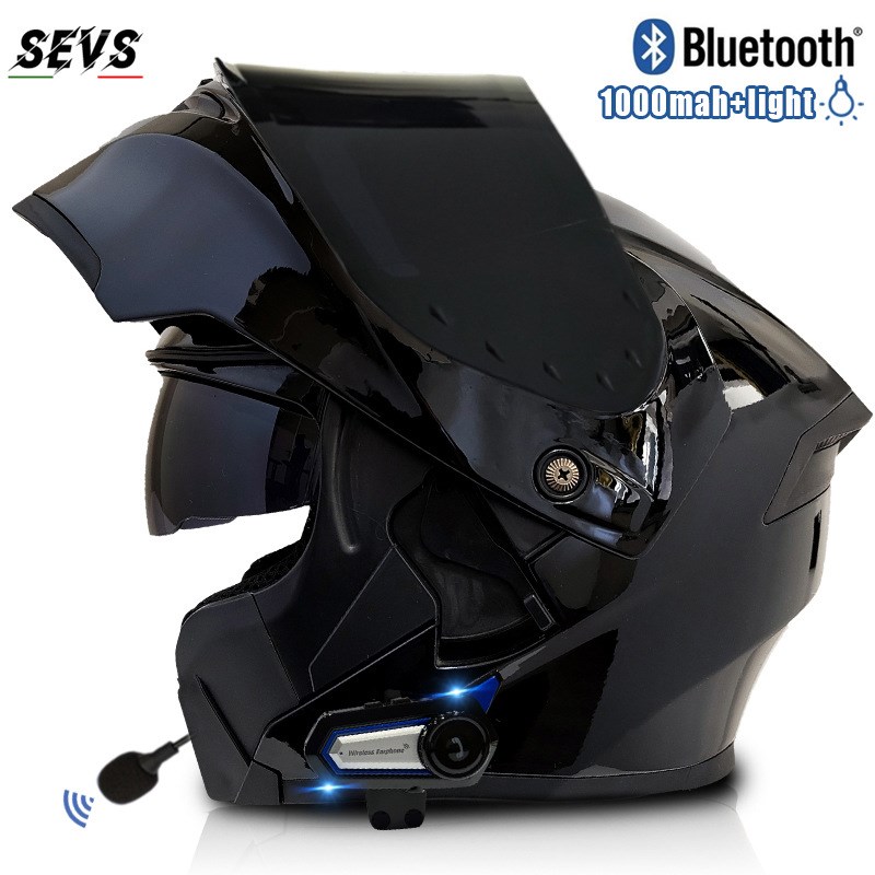 3C/DOT认证摩托车头盔双镜片1000mah蓝牙揭面盔电动车安全帽跑盔