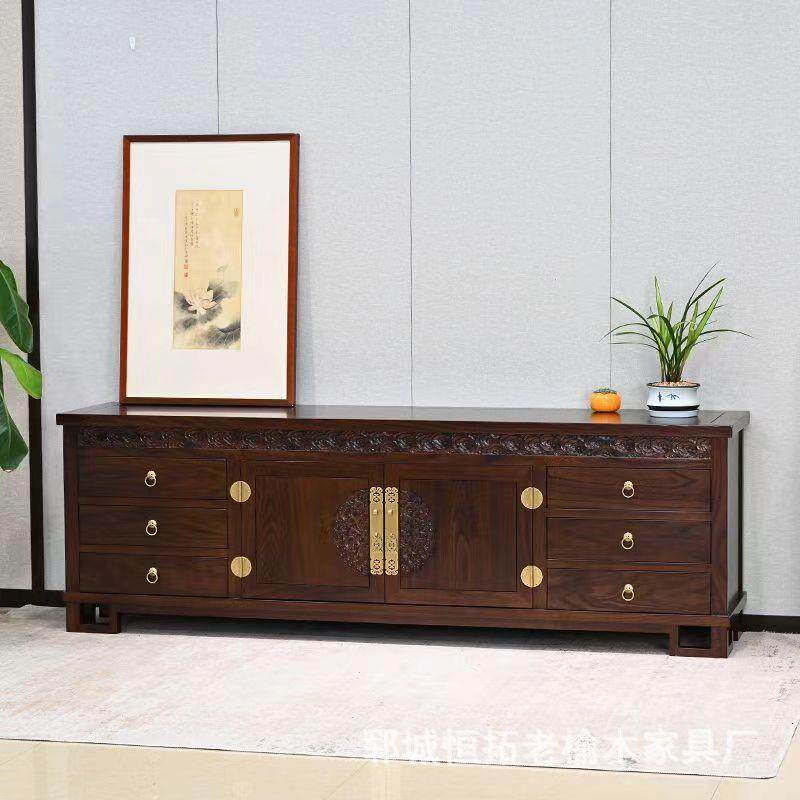 老榆木电视柜新中式客厅低柜全实木矮柜原木地柜复古雕花收纳厅柜