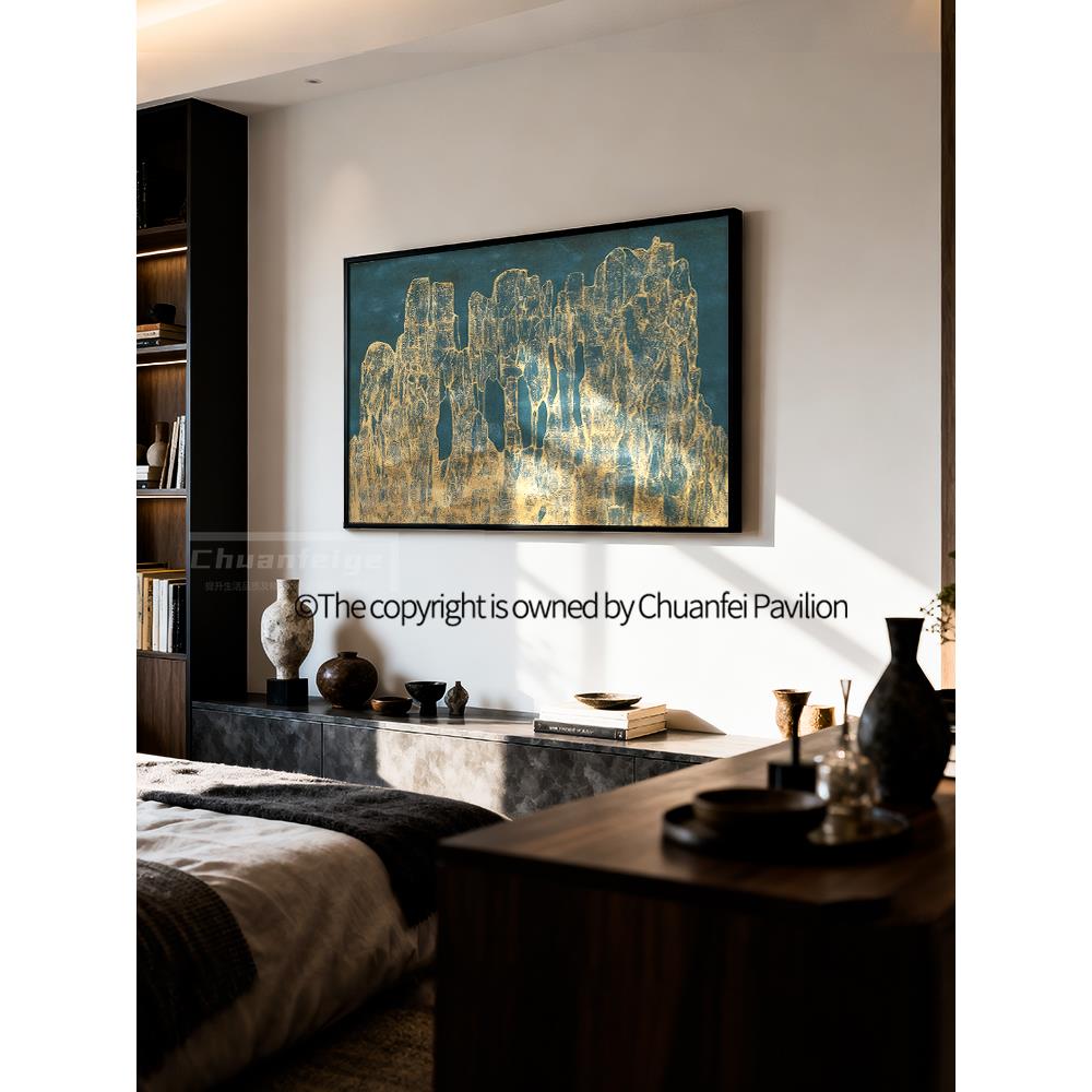 蓝色轻奢高端客厅装饰画现代简约抽象挂画大气床头沙发横版壁画