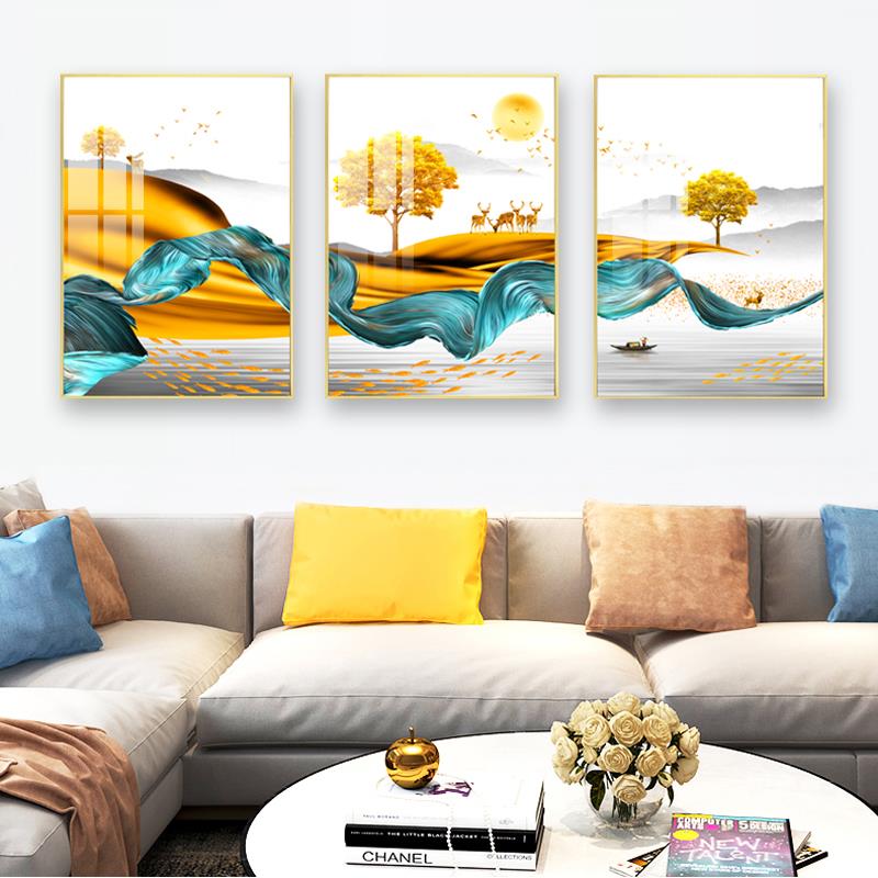 轻奢北欧客厅装饰画麋鹿沙发背景墙三联画现代简约家居挂画晶瓷画