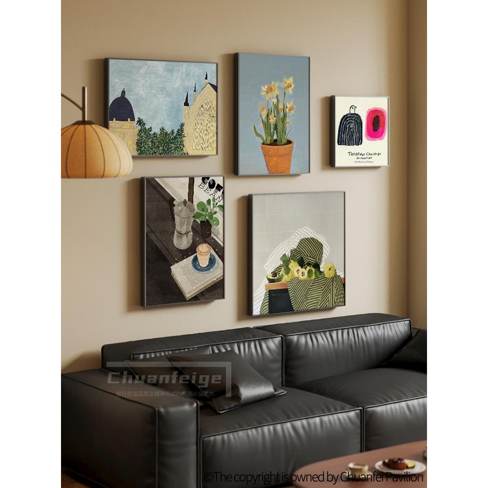 小众中古风餐厅装饰画风景静物组合挂画覆古高级感客厅卧室壁画