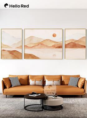 现代橙色轻奢风水彩山水大气客厅墙挂画抽象三联画莫兰迪色装饰画