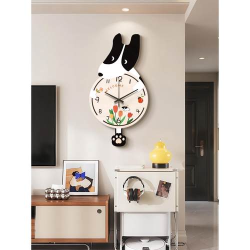 卡通小狗时钟挂画挂钟钟表客厅装饰画沙发背景墙挂画高级感壁画