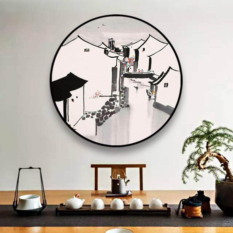 新中式圆形装饰画徽派简约现代玄关客厅餐厅挂画水墨山水组合壁画