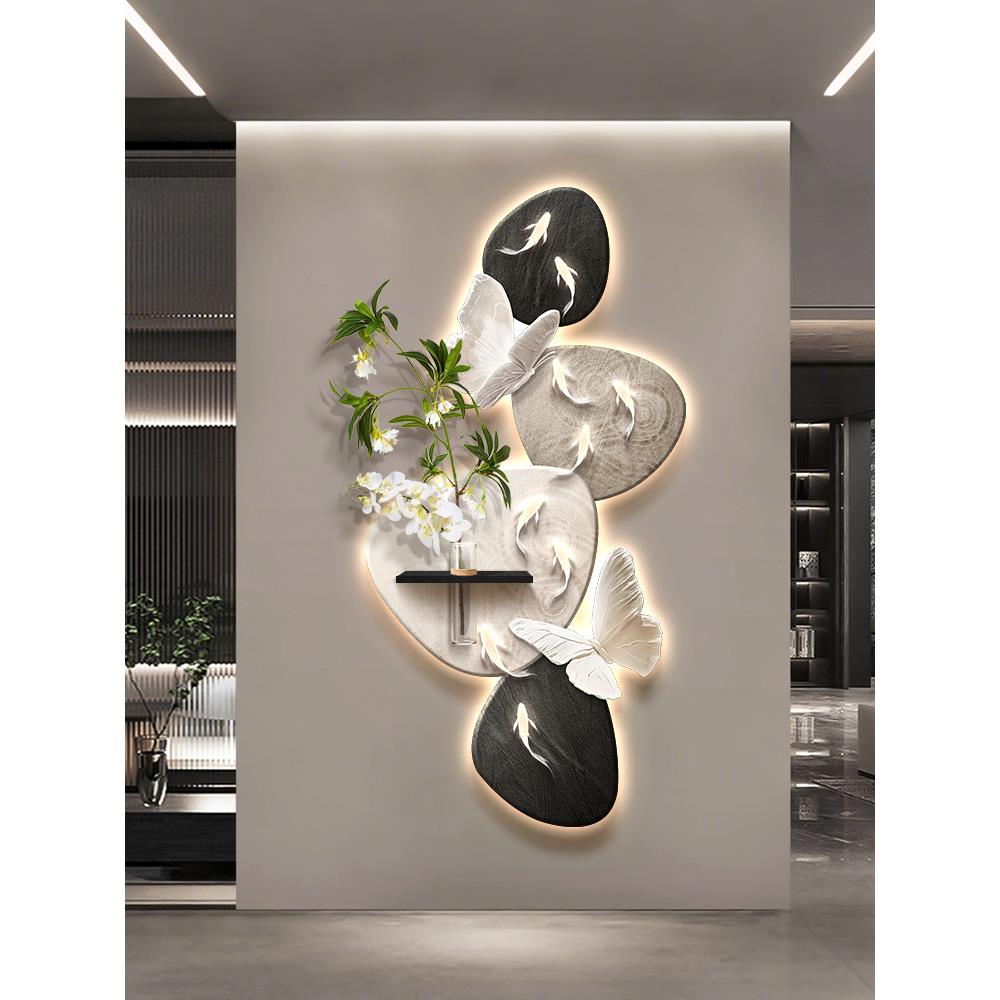 九鱼纳福玄关装饰画入户正对门走廊壁画过道尽头高级感带灯挂画