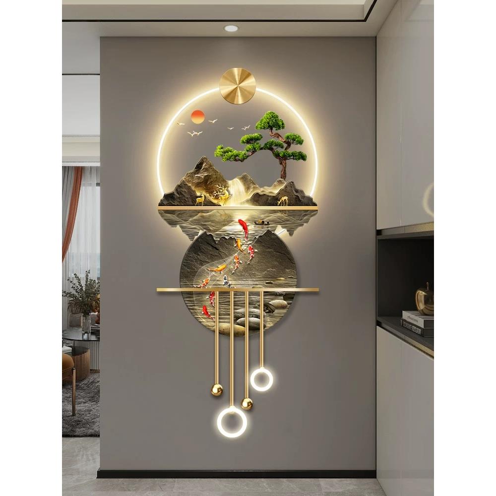 九鱼图入户玄关装饰画带灯山水画走廊过道壁画高级感轻奢壁灯挂画