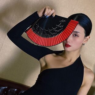 WYZ盖盖折扇复古风扇子跳舞扇黑红撞色民舞中国风折扇