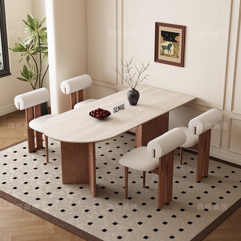 德利丰岩板e洞石法式餐桌家用小户型轻奢奶油半圆长方形实木餐桌