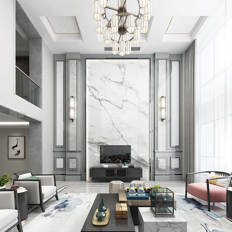 别墅电视背景墙挑空客厅新中式轻奢风格大理石罗马柱岩板复式楼