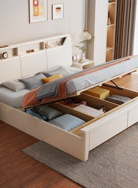 北欧白色全实木床现代简约奶油风格1.8米轻奢主卧2米储物高箱大床