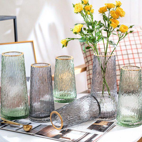 北欧创意简约竖纹玻璃花瓶现代水培透明直筒花器轻奢客厅餐桌摆件