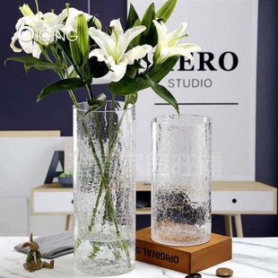 养竹子花瓶玻璃透明富贵竹竹银柳大号40cm高碎冰裂纹50cm冰裂