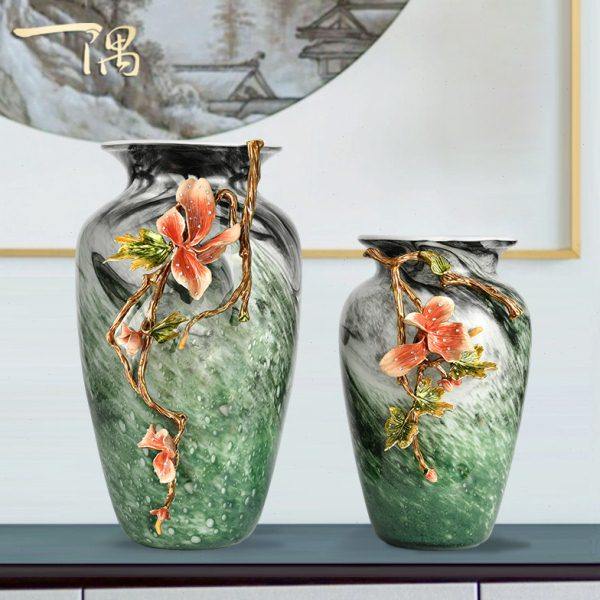珐琅彩玻璃琉璃绿色花瓶大摆件高级感轻奢玄关角几电视柜装饰餐桌