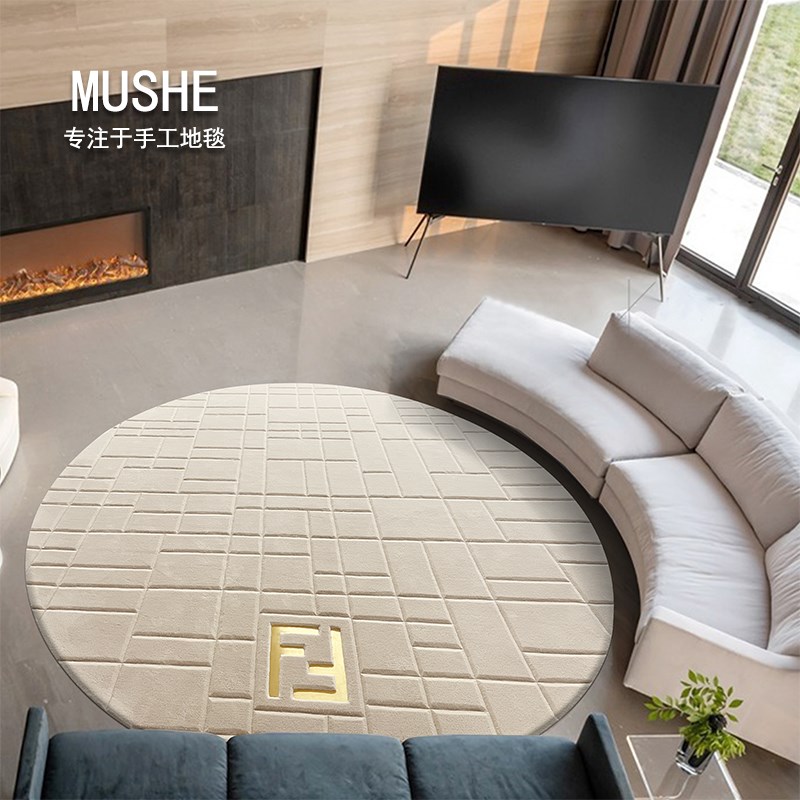 加厚进口a羊毛圆形意式简约杏色米色餐厅卧室高端地毯客厅手工定