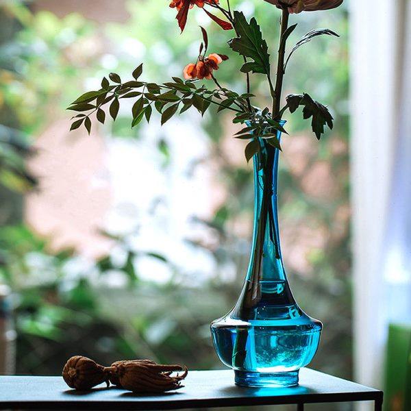 中式日式仿古禅意绿色大肚宋韵瓶长颈小口单枝花艺插花瓶玻璃花器