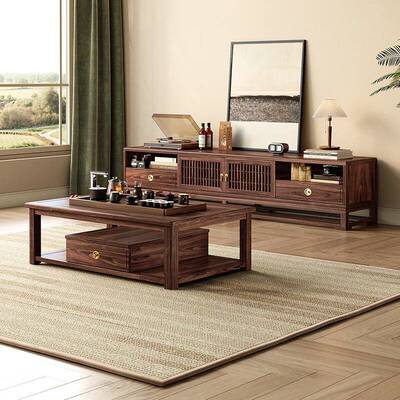 组新中式实木电视柜胡高款黑桃木21612茶简约客厅家用几电视机柜