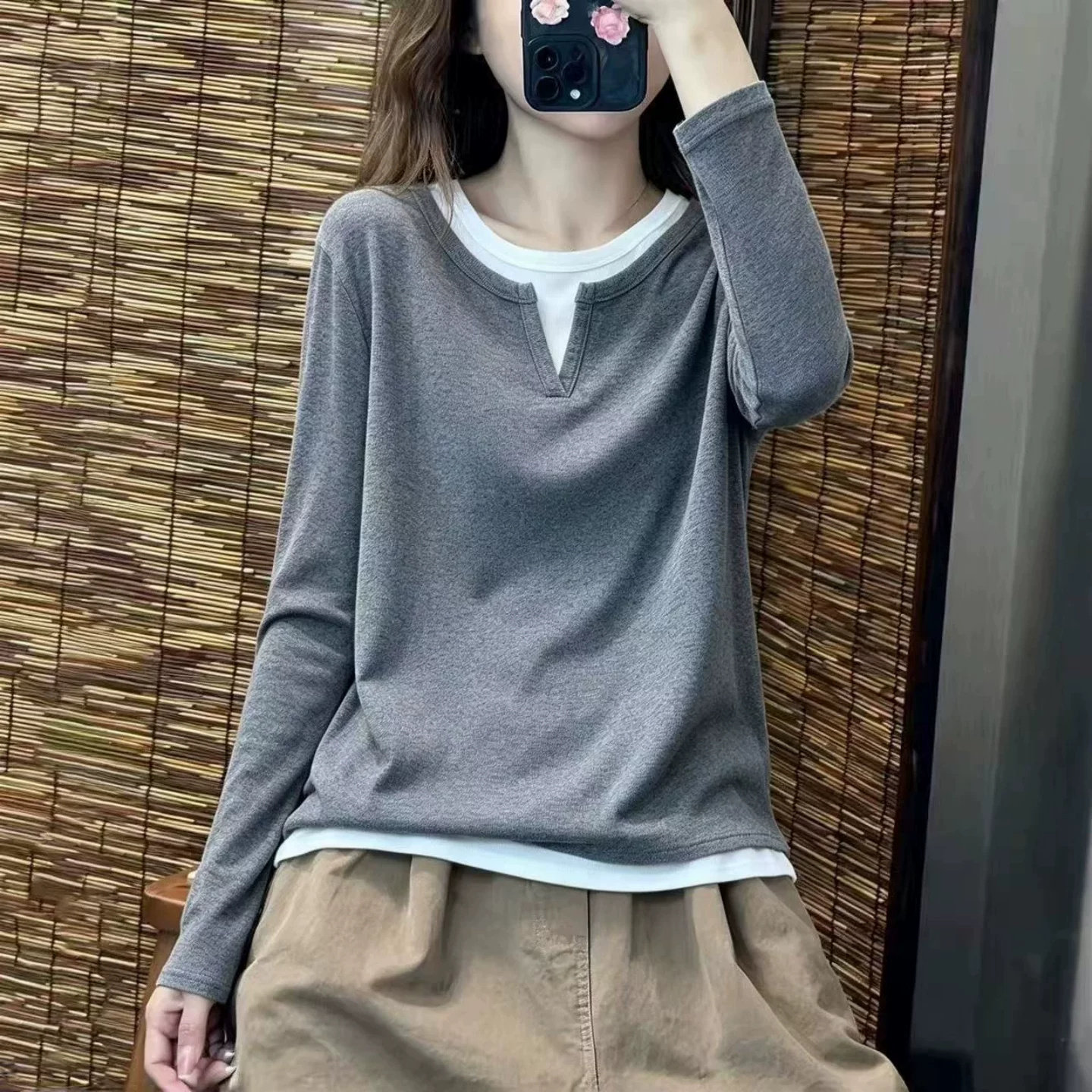 韩系撞色v领正肩假两件针织衫女秋季慵懒百搭显瘦老钱风长袖上衣