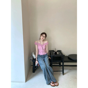 纯欲风辣妹一字领两穿无袖格子衬衫女夏季修身显瘦性感露肩上衣服