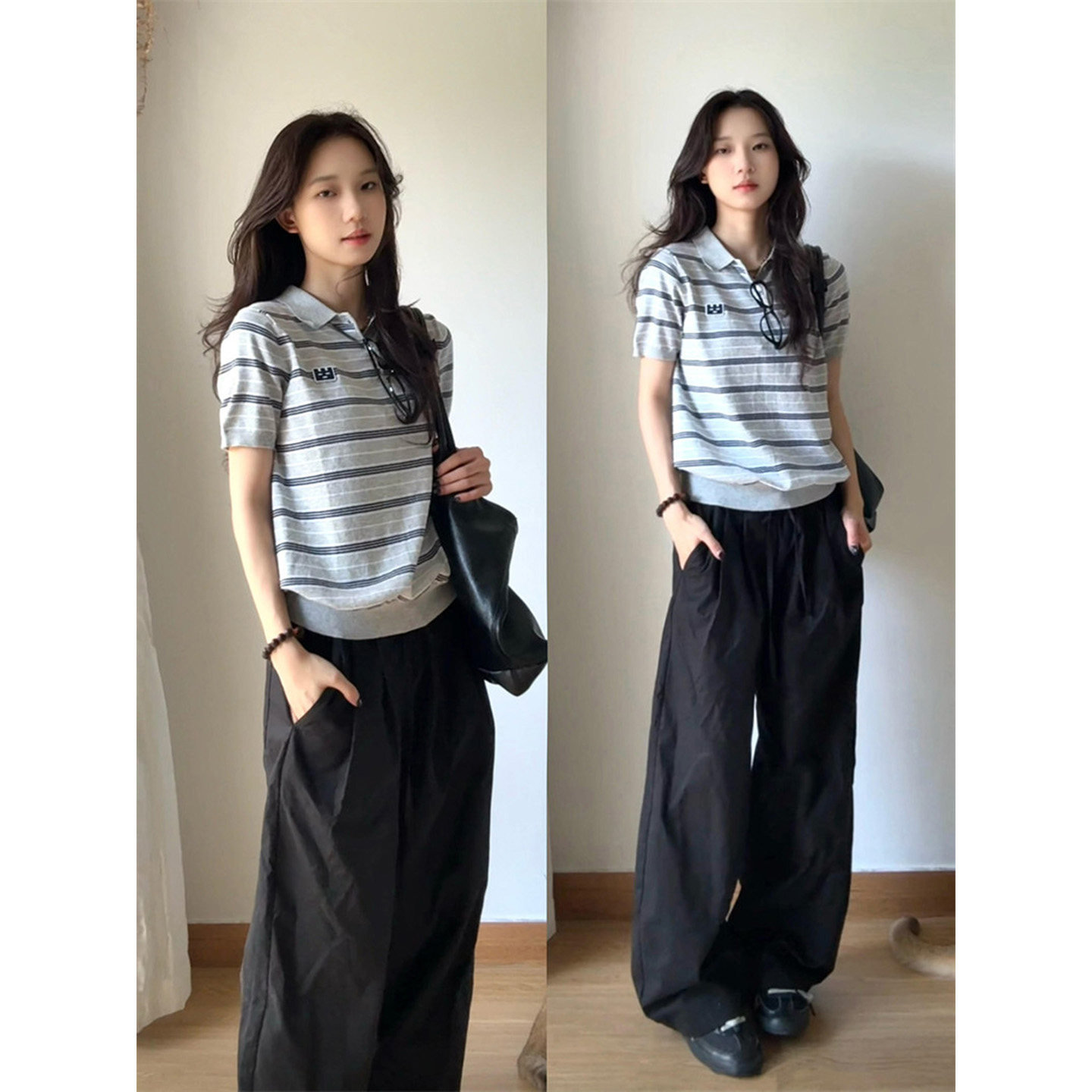 美式polo领条纹短袖针织衫女上衣图片