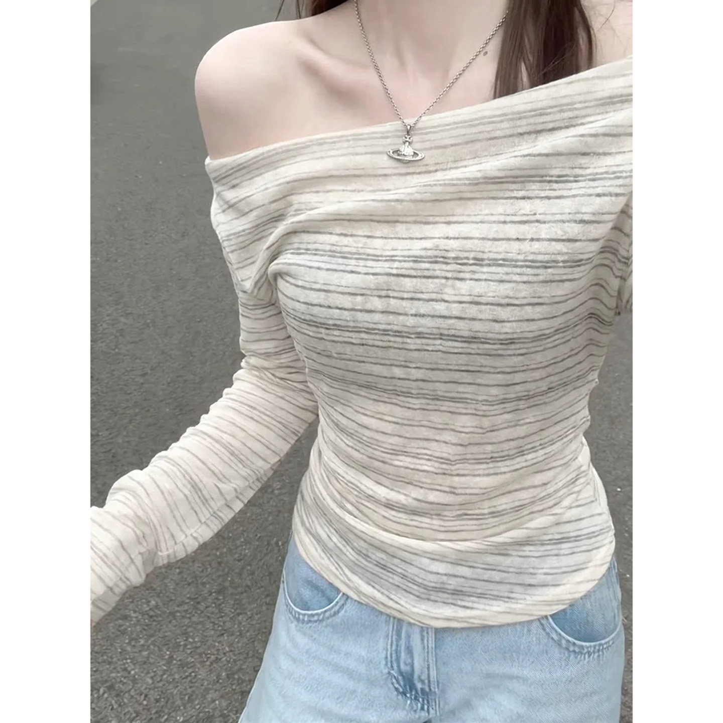 韩系复古薄纱斜肩条纹长袖罩衫女图片
