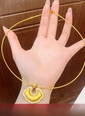 新中式古法沙金玫红钻吉祥如意y福锁吊坠拉丝双面祥云锁挂坠送女