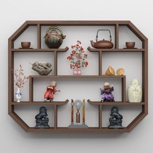 博古架实木中式隔断简约现代客厅小摆件置物架壁挂式茶具架多宝阁