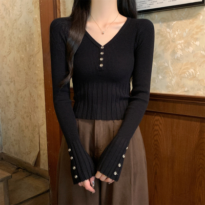 秋冬韩版修身收腰辣妹v领纽扣设计安迪绒针织打底衫上衣