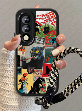 黑色猫咪适用一加ace5至尊版手机壳新款男1+ace5pro小羊皮oneplus竞速十防摔por卡通ACE6T高级感oppo小众男套