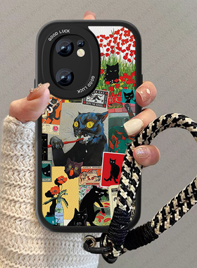 黑色猫咪适用真我v25手机壳新款女v20/v15小羊皮realmev23疯狂v11s男v13情侣oppo卡通v30防摔t小众高级感套