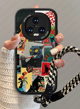 黑色猫咪适用荣耀magic5手机壳magic4pro新款小羊皮小众华为megic3卡通防摔magic4por新款女高级感挂绳套