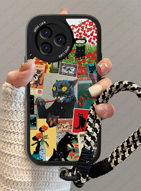 黑色猫咪适用红米K80至尊版手机壳新款RedmiK70Pro疯狂女情侣小羊皮K70e高级感小米k7opor男卡通防摔保护套