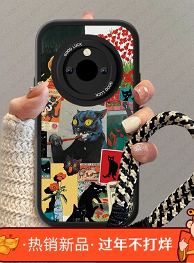黑色猫咪适用华为荣耀x40手机壳x30i新款女honorX40GT小羊皮x20se疯狂情侣卡通x10防摔RMO-AN00高级感挂绳套