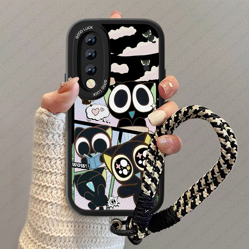 适用大眼猫咪华为荣耀60手机壳新款女小羊皮70pro可爱的男70por+挂绳honor50se卡通防摔十趣味秋冬小众套