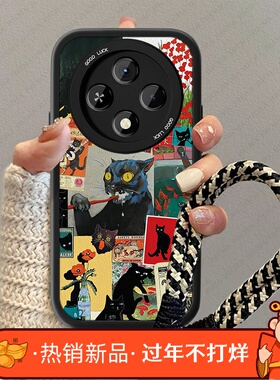 黑色猫咪适用oppoA3pro手机壳新款女A3x小羊皮高级感a3i疯狂情侣5G挂绳a35卡通0pp0A32防摔por男a36小众套