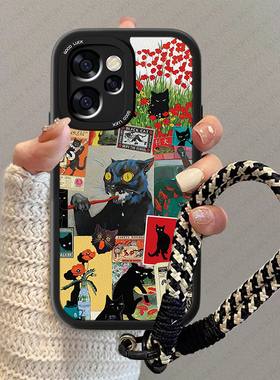 黑色猫咪适用opporeno15手机壳新款Reno15pro小羊皮全包Rone系列高级感新品rano防摔PLW110男女卡通挂绳套