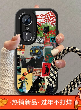 黑色猫咪适用华为荣耀畅玩70plus手机壳新款30p畅玩50小羊皮honor40plus高级感疯狂20pro男情侣m卡通小众套