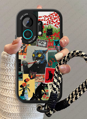 黑色猫咪适用OPPOK13Turbo手机壳新款K13TurboPro全包高级感Pro防摔0pp0硅胶k13s男女x挂绳opopk卡通小众套