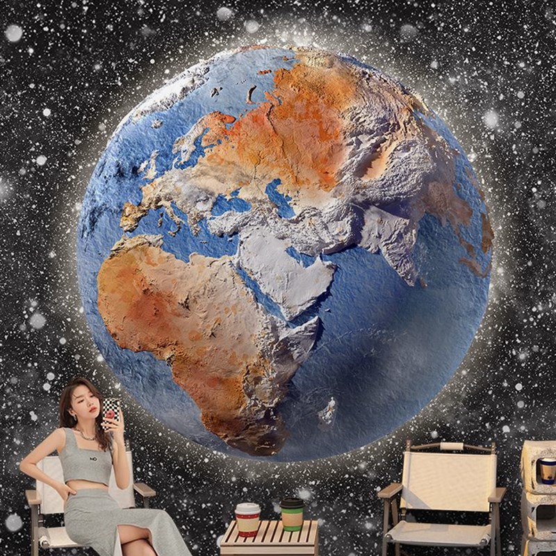 地球月球星空立体浮雕墙纸2023新款网红拍照墙布奶茶店咖啡厅壁纸