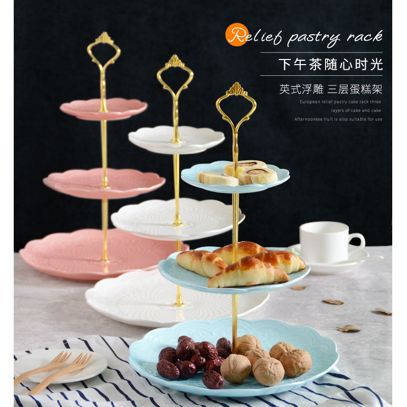 欧式陶瓷双三层下午茶蛋糕架水果盘浮雕点心蛋糕盘婚庆生日糖果盘
