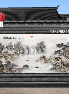 定制庭院照壁户外大门迎门墙山水装饰影门墙瓷砖农村外墙壁画风景