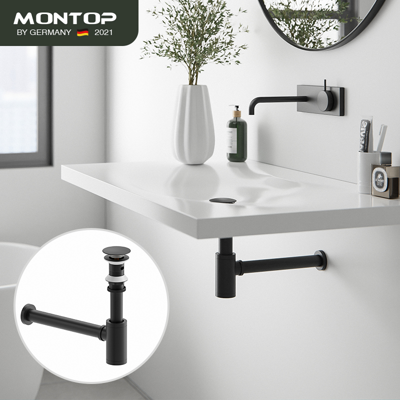 黑色墙排入墙式全铜直角下水器弹跳式落水防臭台盆下水管面盆配件