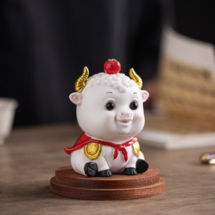 牛市(柿)可爱陶瓷牛摆件招财家居办公室桌面生肖牛吉祥物工艺品