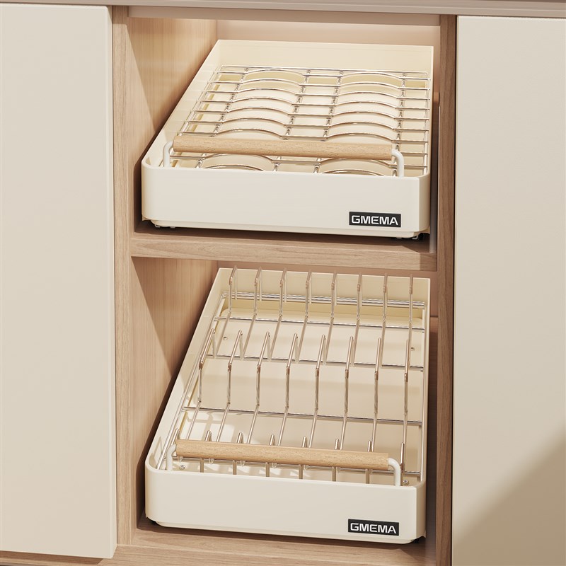 厨房抽拉式碗碟收纳架抽s拉式碗碟置物架橱柜抽屉式拉篮碗盘子收