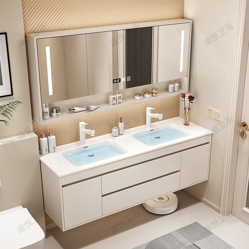 轻奢全镜智能镜柜实木浴室柜陶瓷一F体双盆洗手盆洗漱双台盆柜